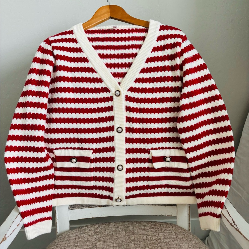 Striped Red and White Women's Cardigan Sweater